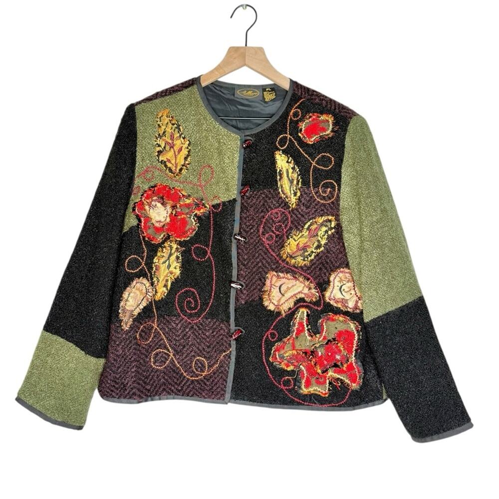 Vintage Art to Wear Jacket Large PL Embroidered Colorblock Boho Jacket Glass